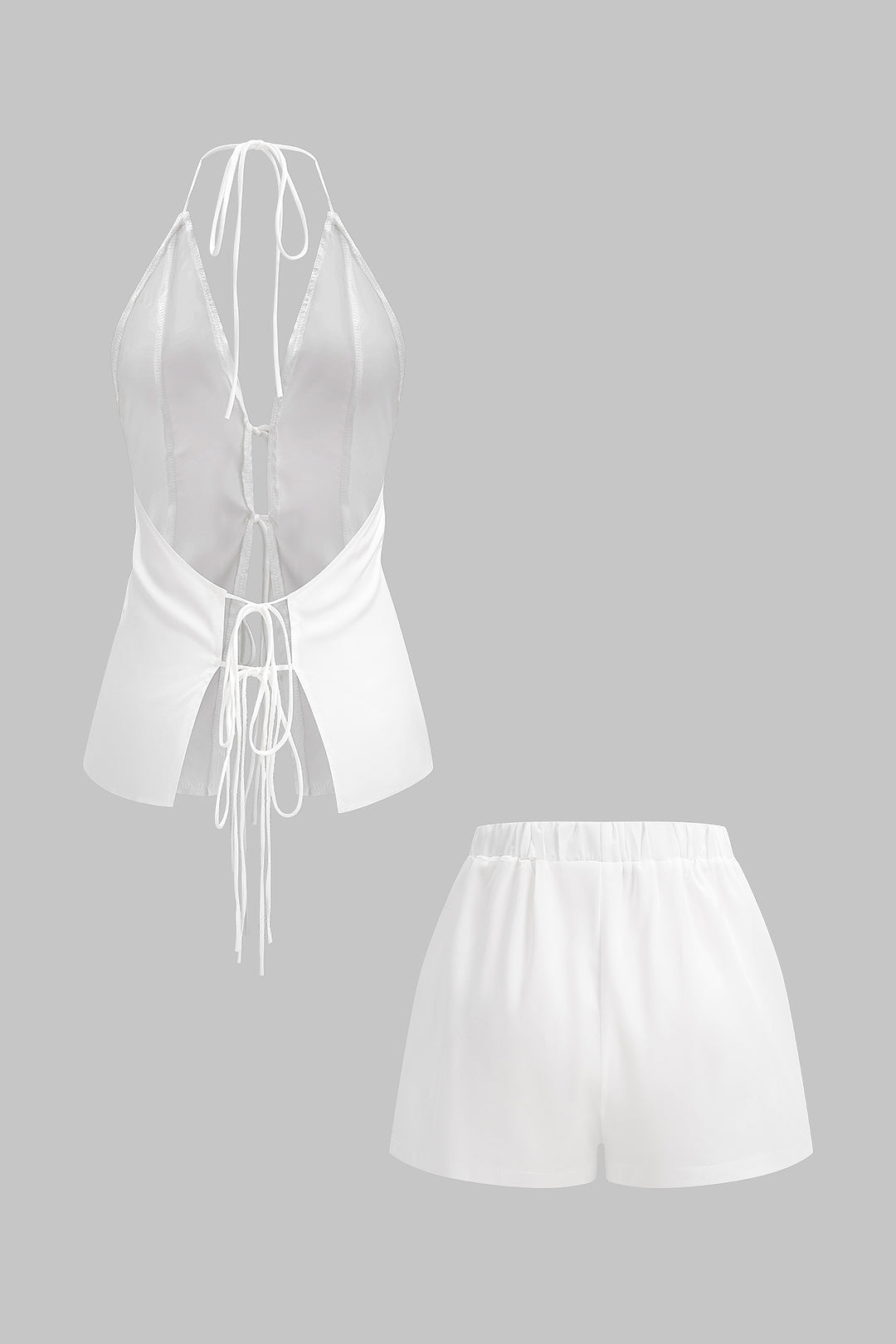 Satin Halter V-Neck Tie-Up Backless Top And High Waist Shorts Set