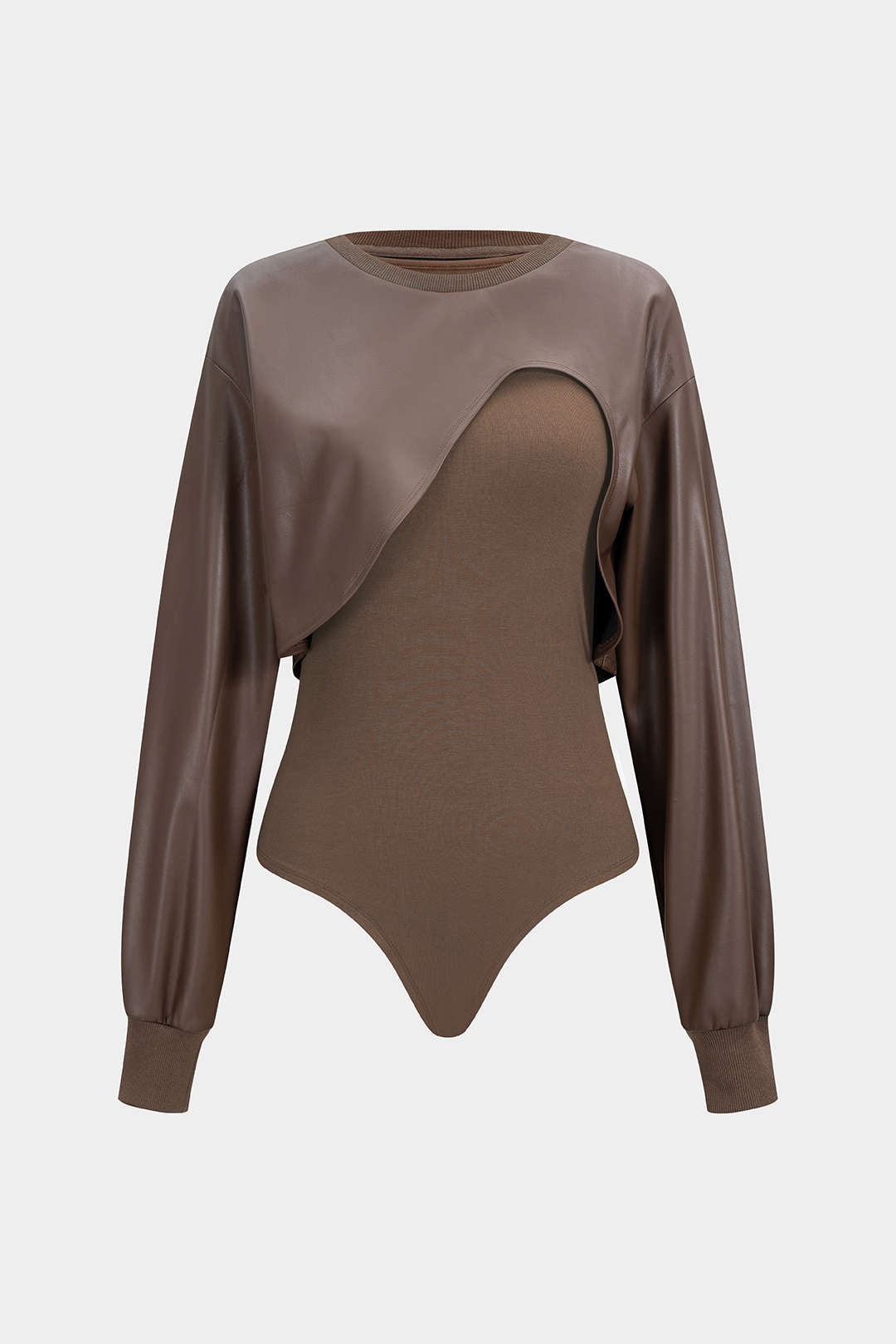 Faux Leather Patchwork Round Neck Asymmetrical Long Sleeve Bodysuit