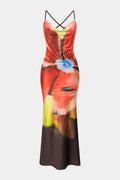 Tie Dye Print Satin Draped Cowl Neck Sleeveless Maxi Dress