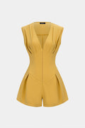 V-Neck Ruched Tie Back Zipper Sleeveless Romper