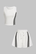 Contrast Striped Round Neck Sleeveless Tank Top And Drawstring Wide Leg Shorts Set