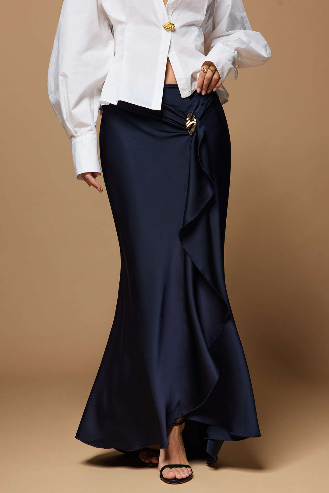 Satin Ruffle Ruched Asymmetrical Skirt