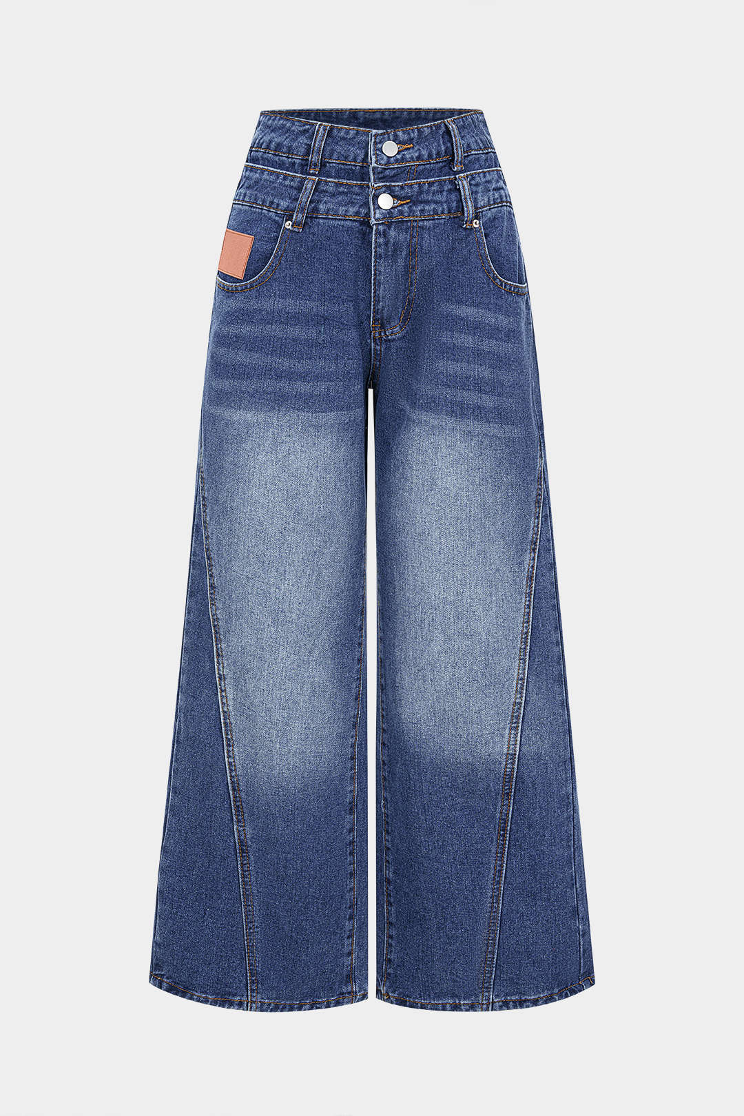 Denim Double Waistband High Waist Straight Leg Jeans