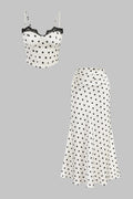 Polka Dots Print Satin Patchwork Lace Trim Cami Top And Ruched Skirt Set