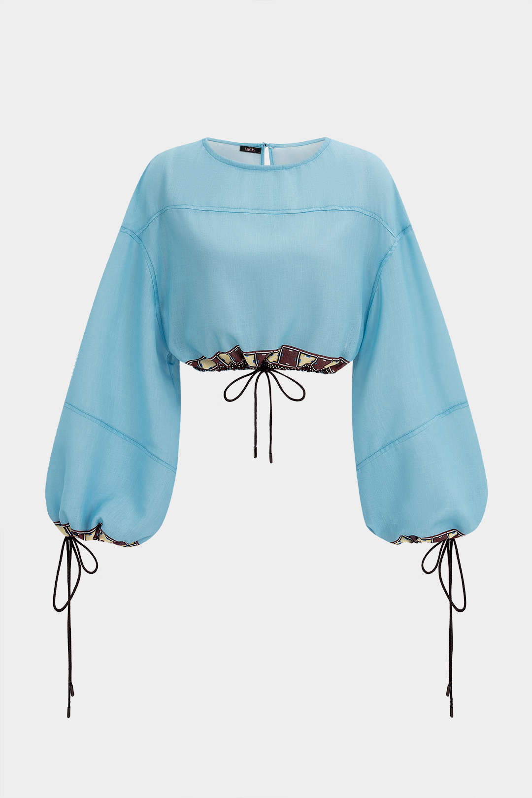 Geometric Print Linen Patchwork Round Neck Drawstring Long Sleeve Top