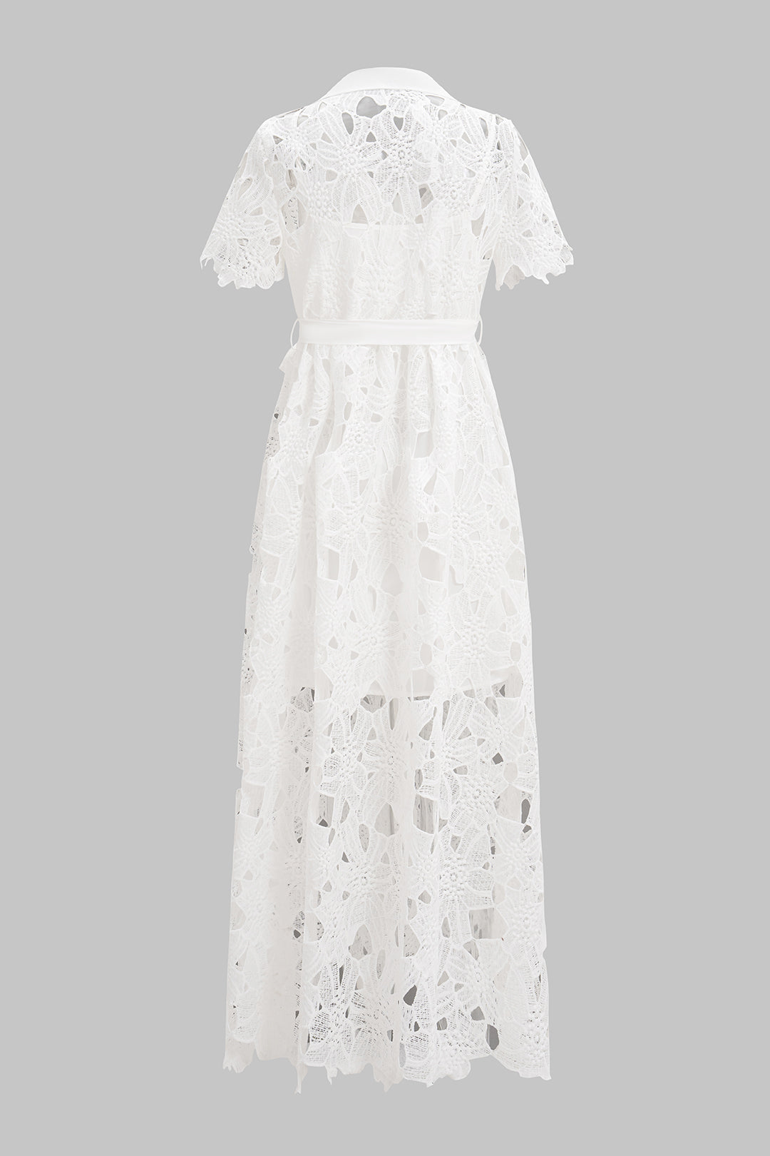 Lace Lapel Tie-Up Button Short Sleeve Maxi Dress