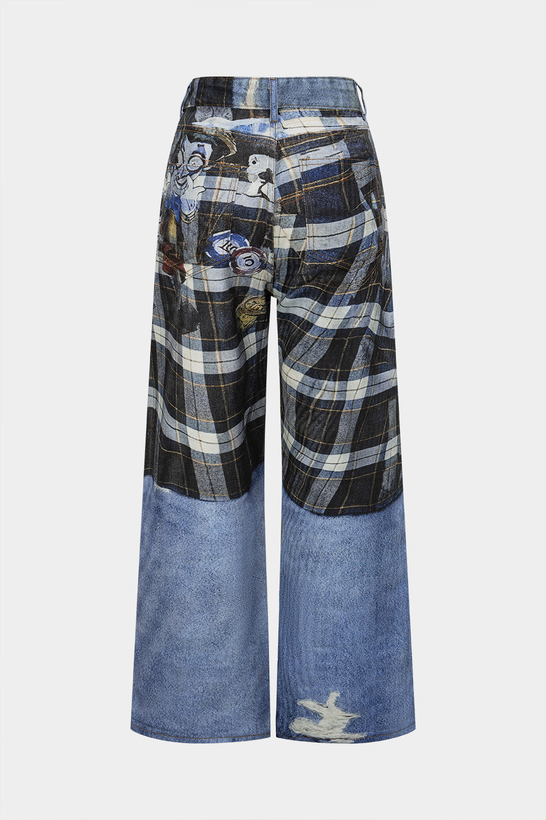 Plaid Denim Print Wide Leg Pants