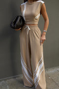 Contrast Stripes Tank Top And Drawstring Waistband Wide Leg Pants Set