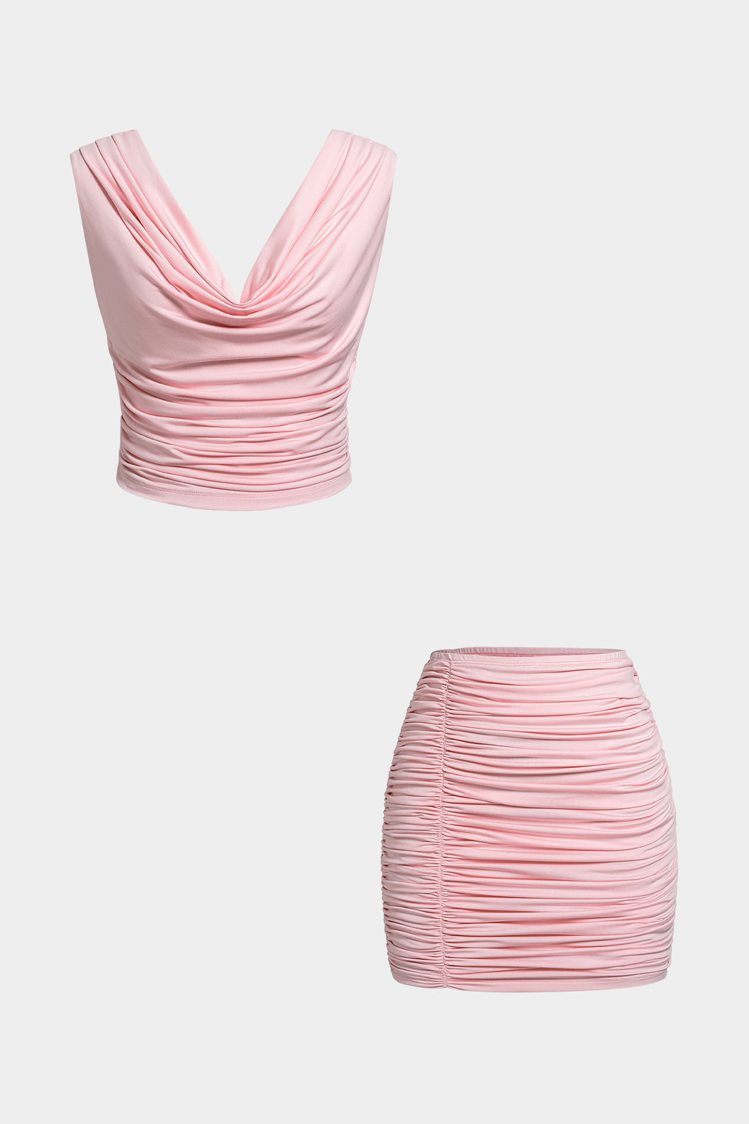 Draped Cowl Neck Ruched Crossed Tank Top And Mini Skirt Set
