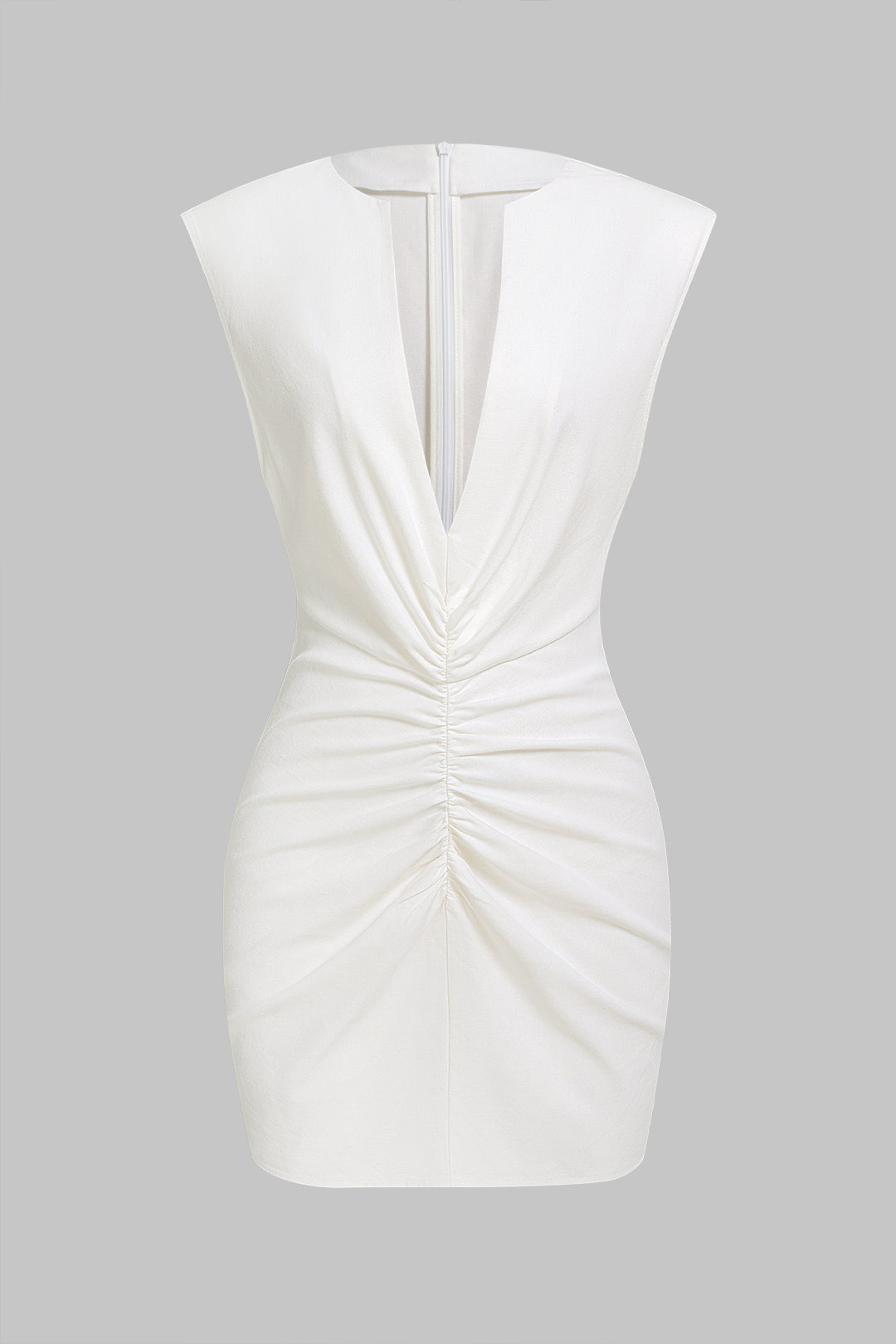 V-Neck Linen Ruched Zipper Sleeveless Mini Dress