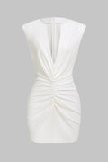 V-Neck Linen Ruched Zipper Sleeveless Mini Dress