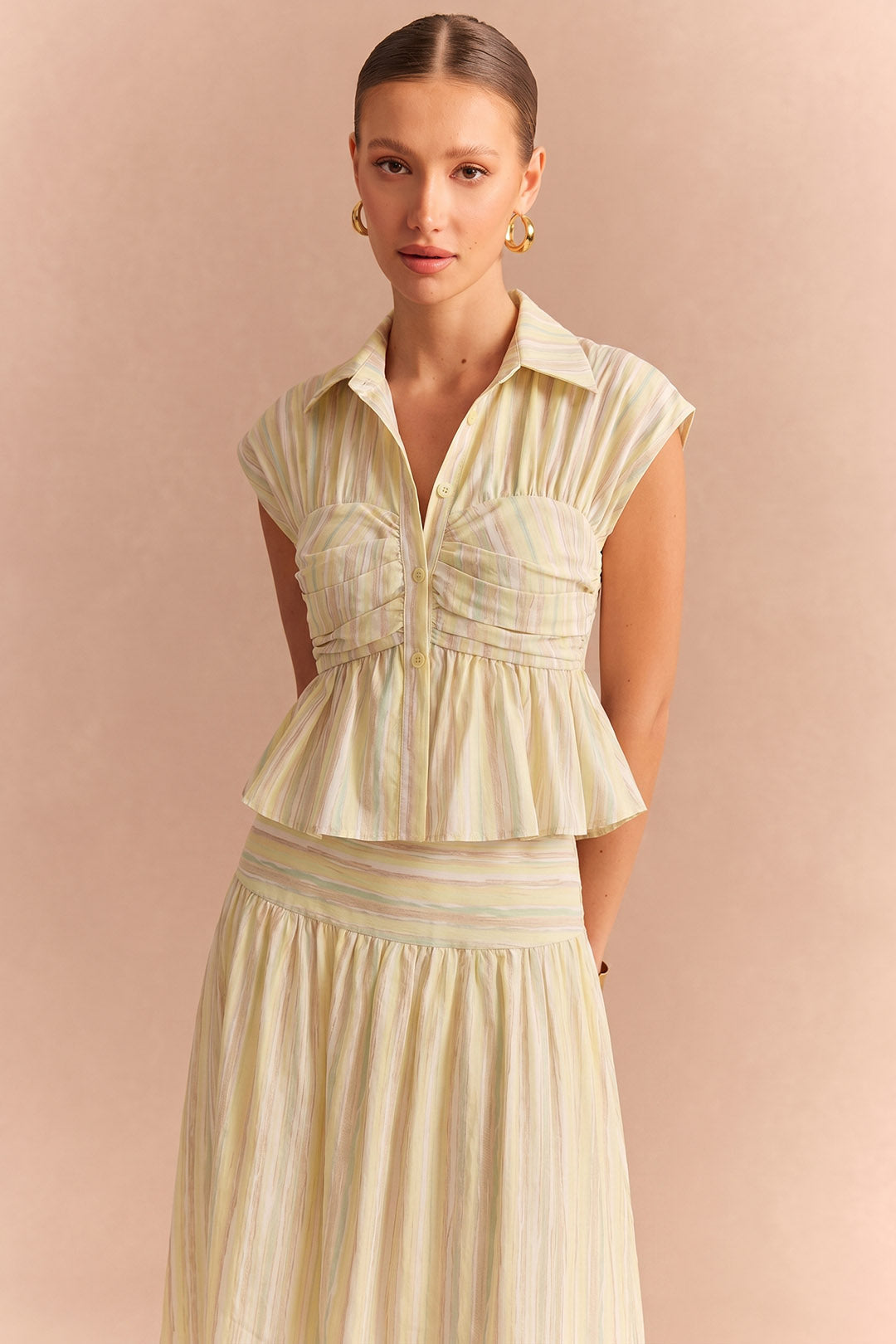 Stripes Print Lapel Button Ruched Tank Top