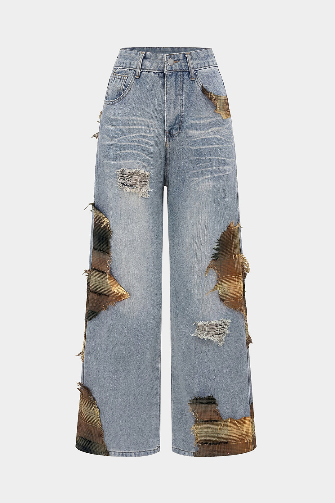 Denim Patchwork Plaid Print Asymmetrical Ripped Wide Leg Jeans