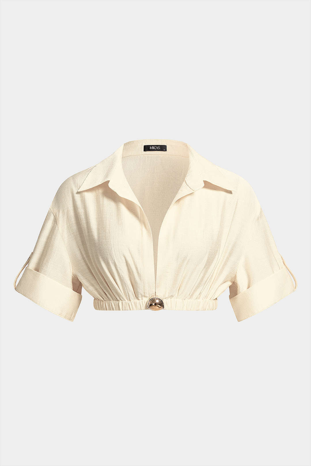 Metallic Button Lapel Short Sleeve Top