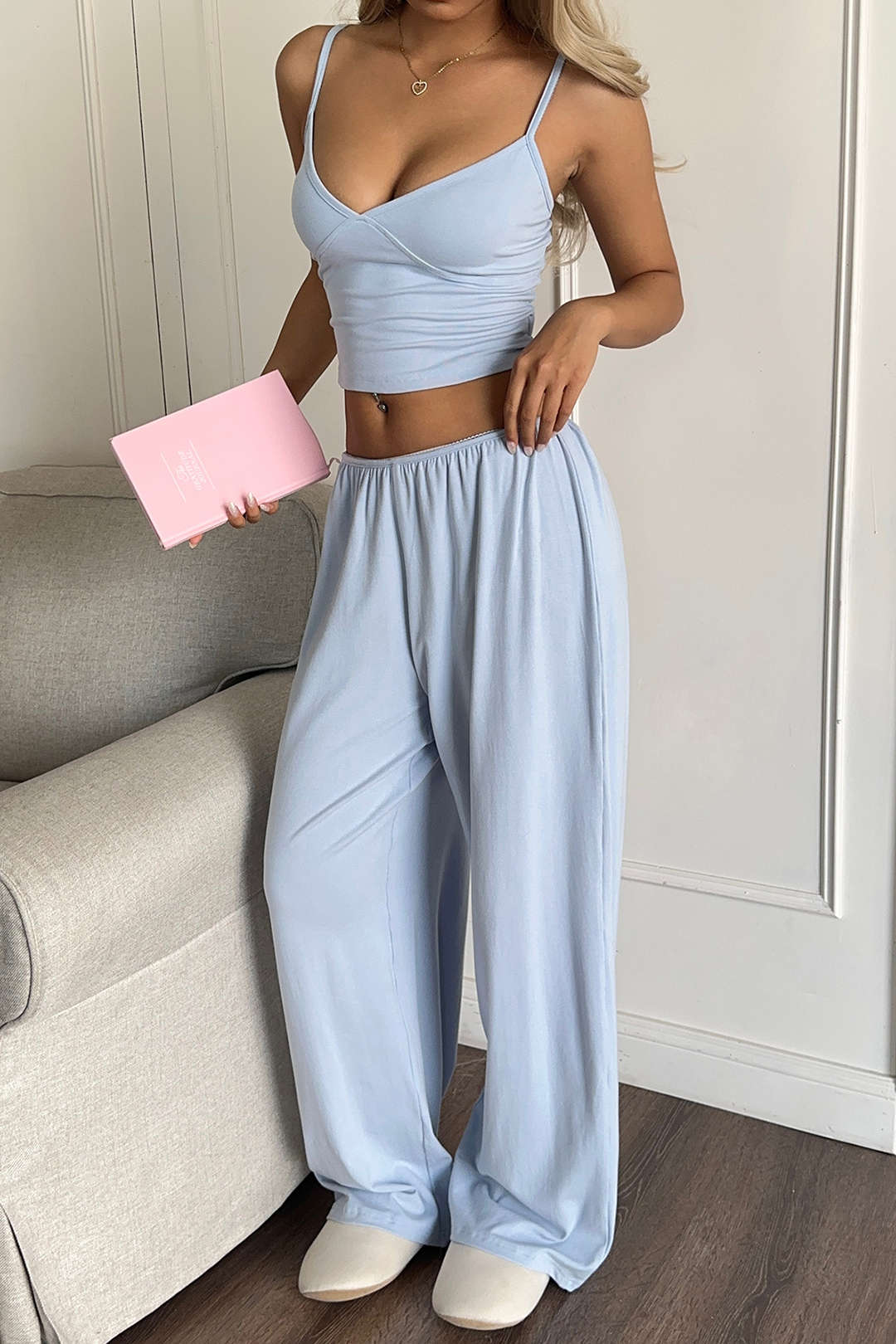 Solid V-Neck Cami Top And Wide Leg Pants Set