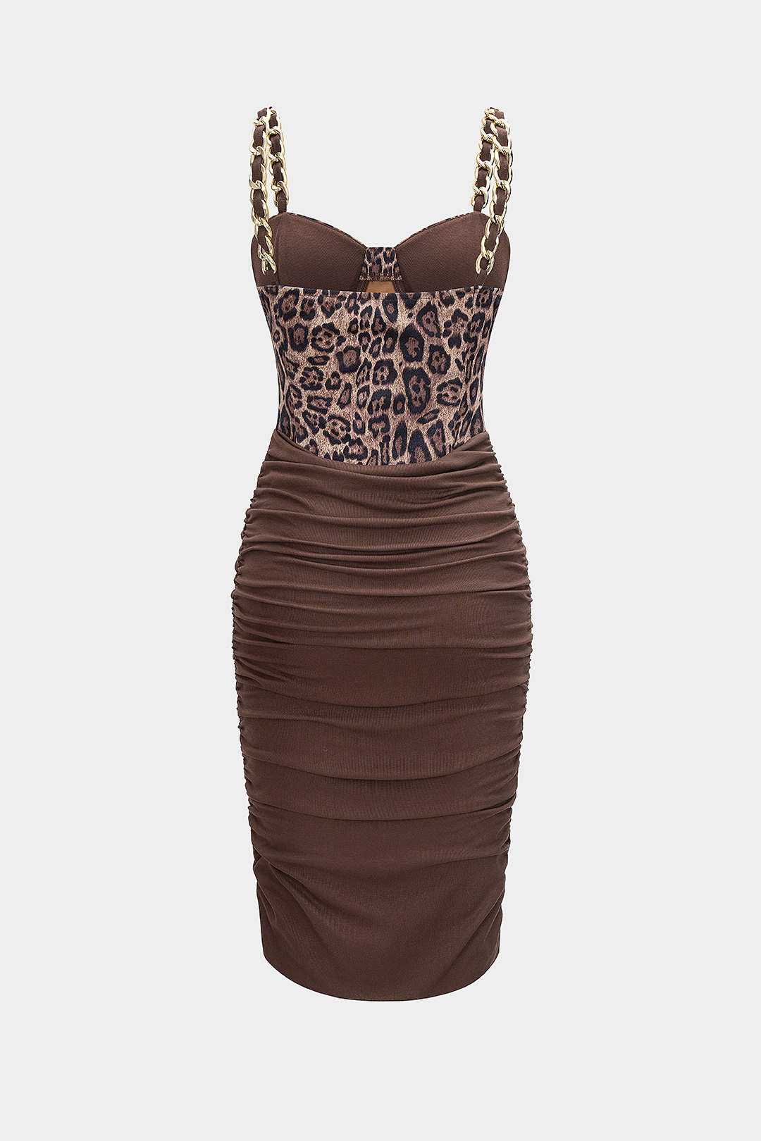 Leopard Print Ruched Chain Slip Sleeveless Midi Dress