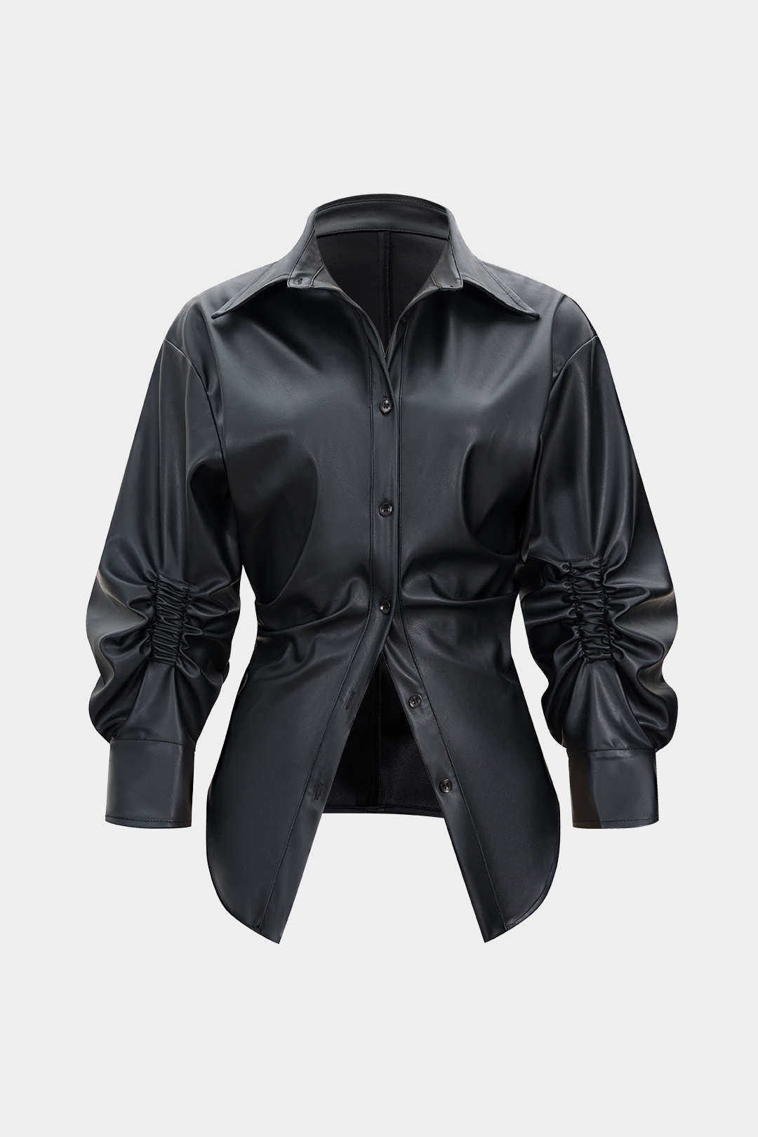 Faux Leather Ruched Button Asymmetrical Shirt