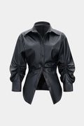 Faux Leather Ruched Button Asymmetrical Shirt