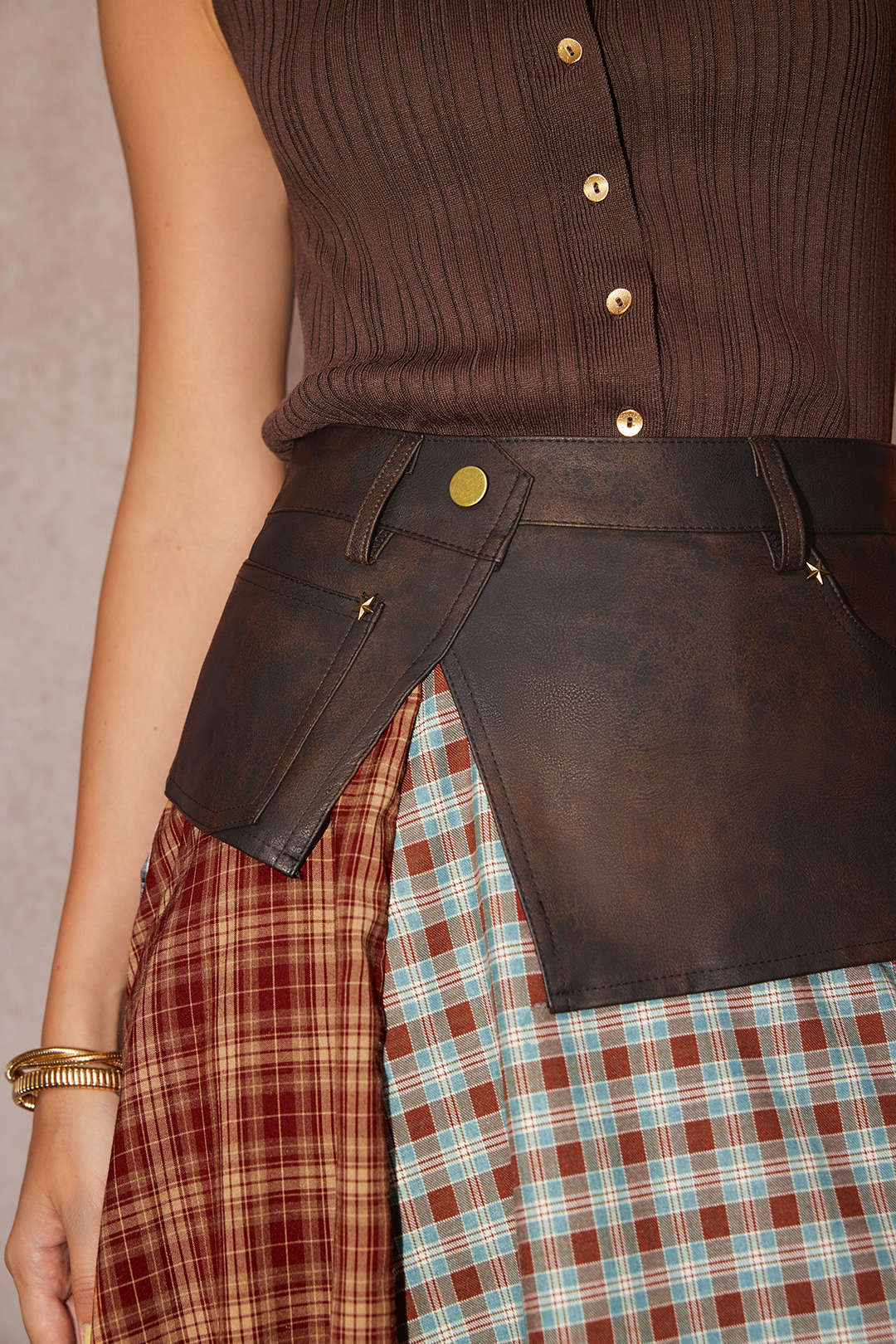 Plaid Contrast Print Faux Leather Patchwork Irregular Hem Skirt