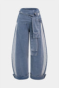 Denim Striped Tie Front Asymmetrical Jeans