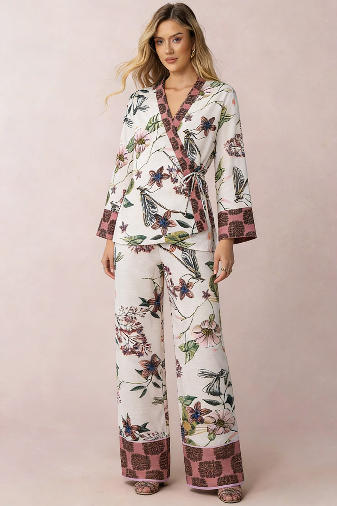 Floral Print V-Neck Tie-Up Long Sleeve Top
