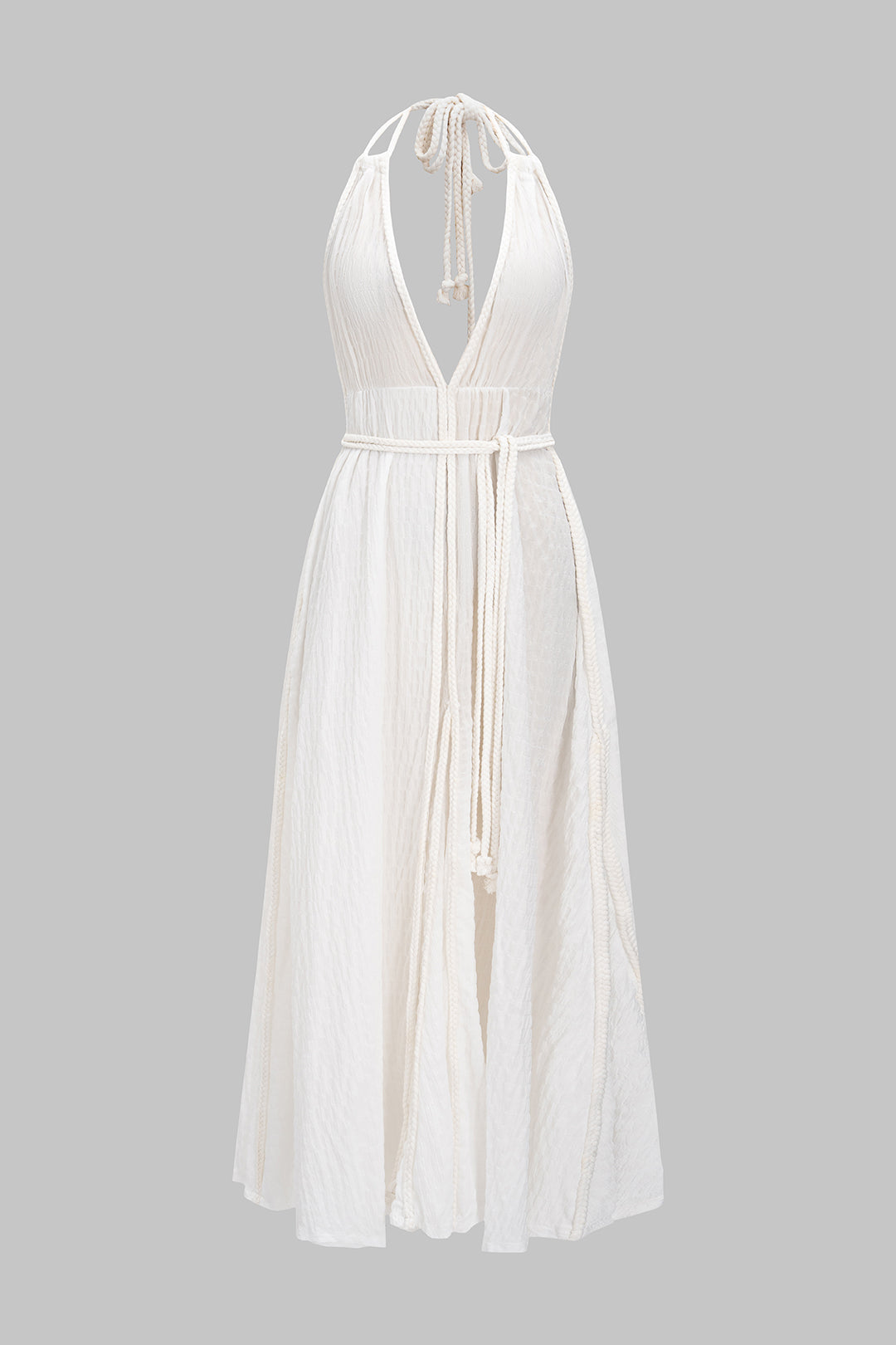 Halter V-Neck Belted Backless Sleeveless Maxi Dress