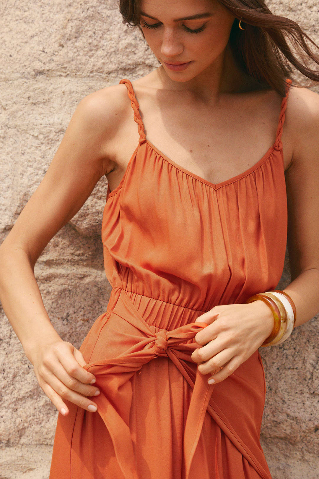 V-Neck Twist Knotted Ruched Sleeveless Jumpsuit