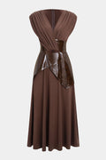 Faux Leather Patchwork Ruched Short-Sleeve Maxi Dress