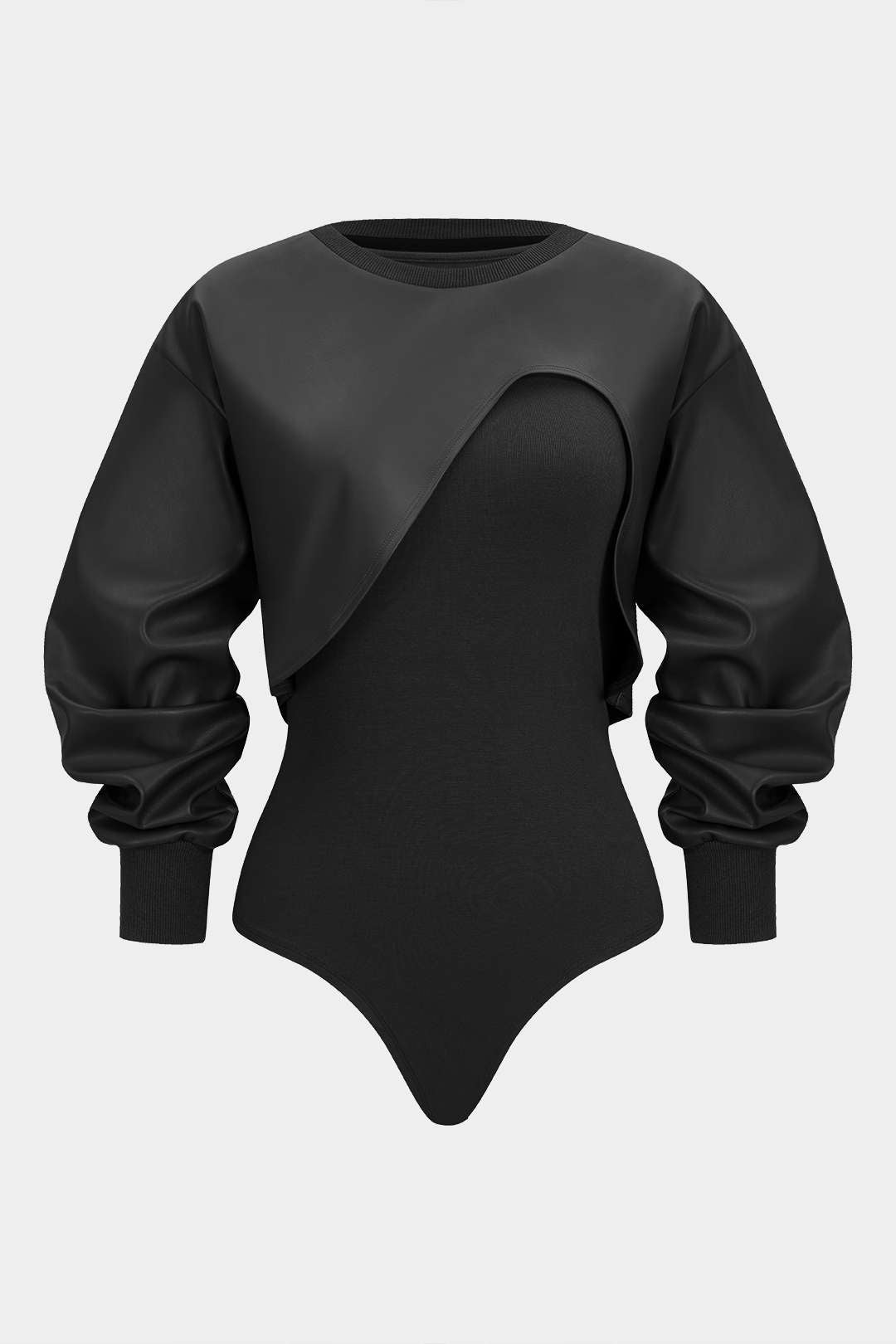 Faux Leather Patchwork Round Neck Asymmetrical Long Sleeve Bodysuit