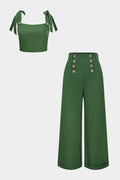 Tie-Up Button Smocked Cami Top And High Waist Wide Leg Pants Set