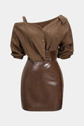 Faux Leather Patchwork Asymmetrical Short Sleeve Mini Dress