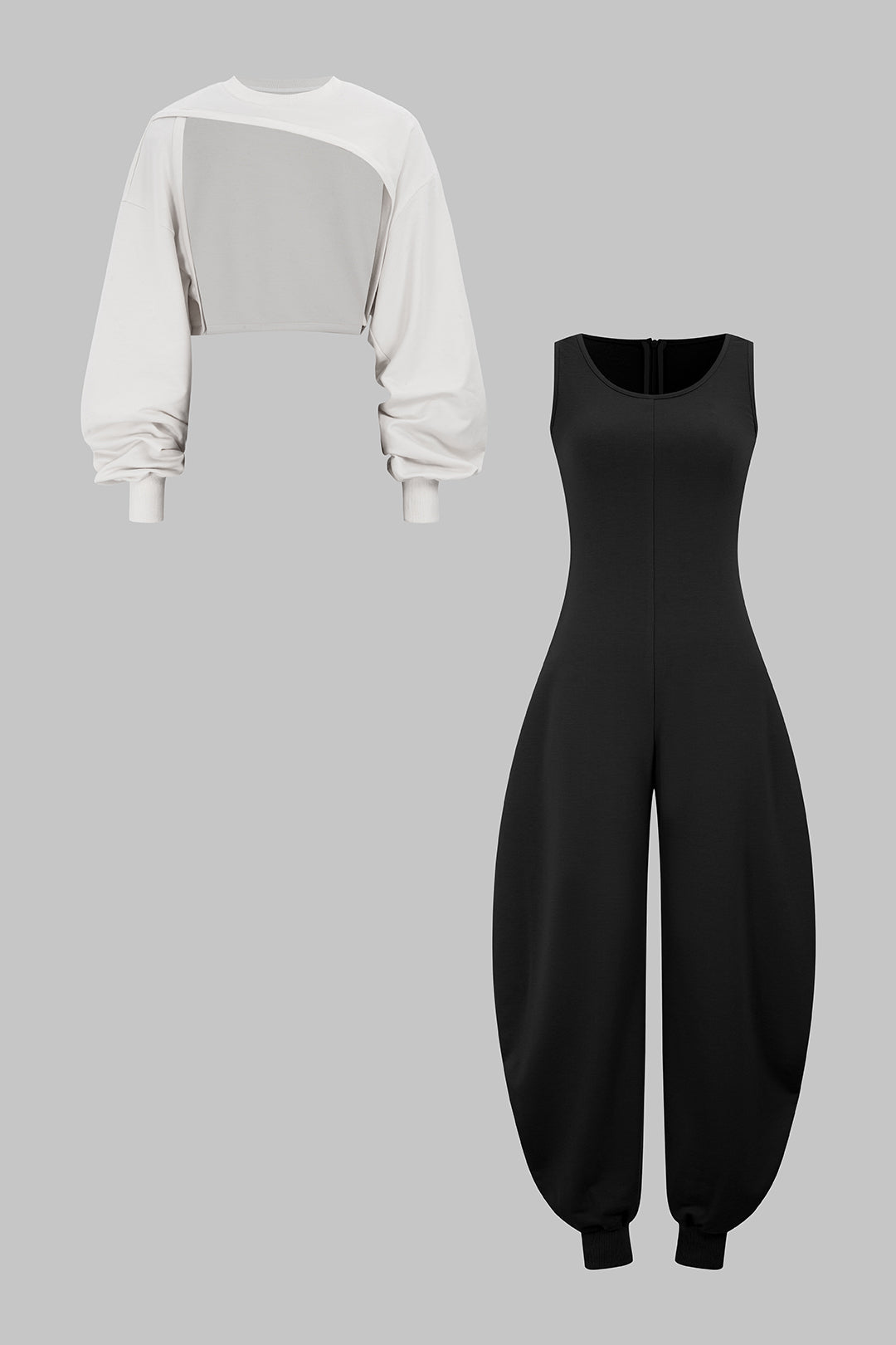 Solid Long-Sleeve Top And Sleeveless Jumpsuit Set