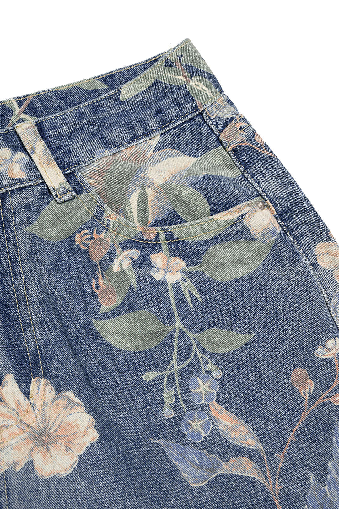 Denim Floral Print High Waist Straight Leg Jeans