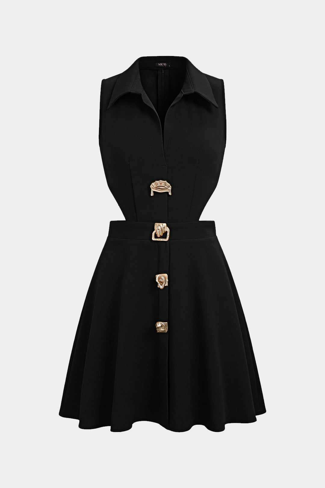 Lapel Metallic Irregular Button Cut Out Sleeveless Mini Dress