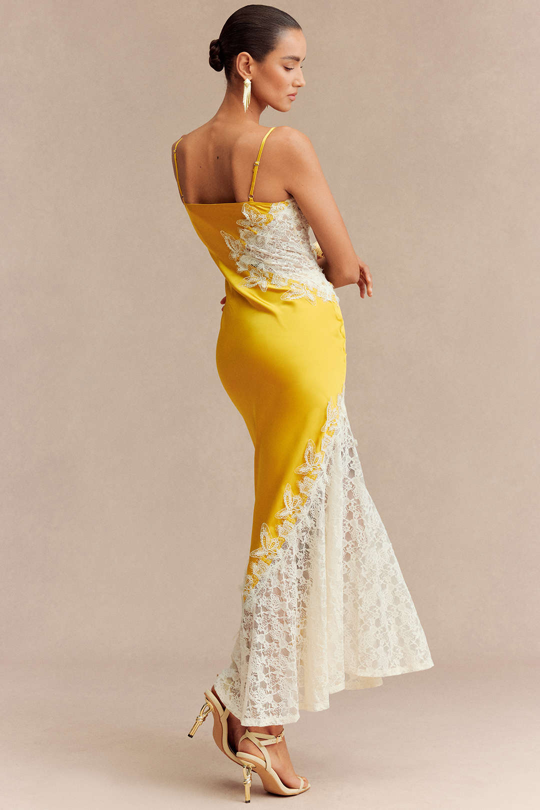 Lace Trim Patchwork Satin Asymmetrical Sleeveless Maxi Dress