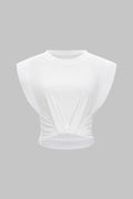 Solid Round Neck Ruched Flutter Sleeve T-Shirt