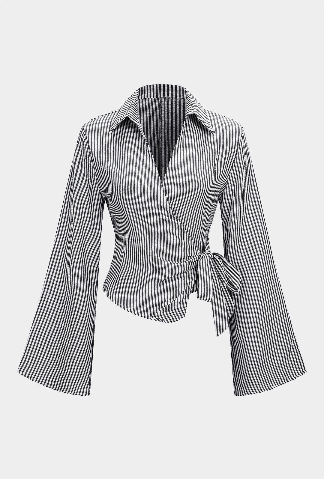 Stripes Print V-Neck Tie-Up Long-Sleeve Shirt