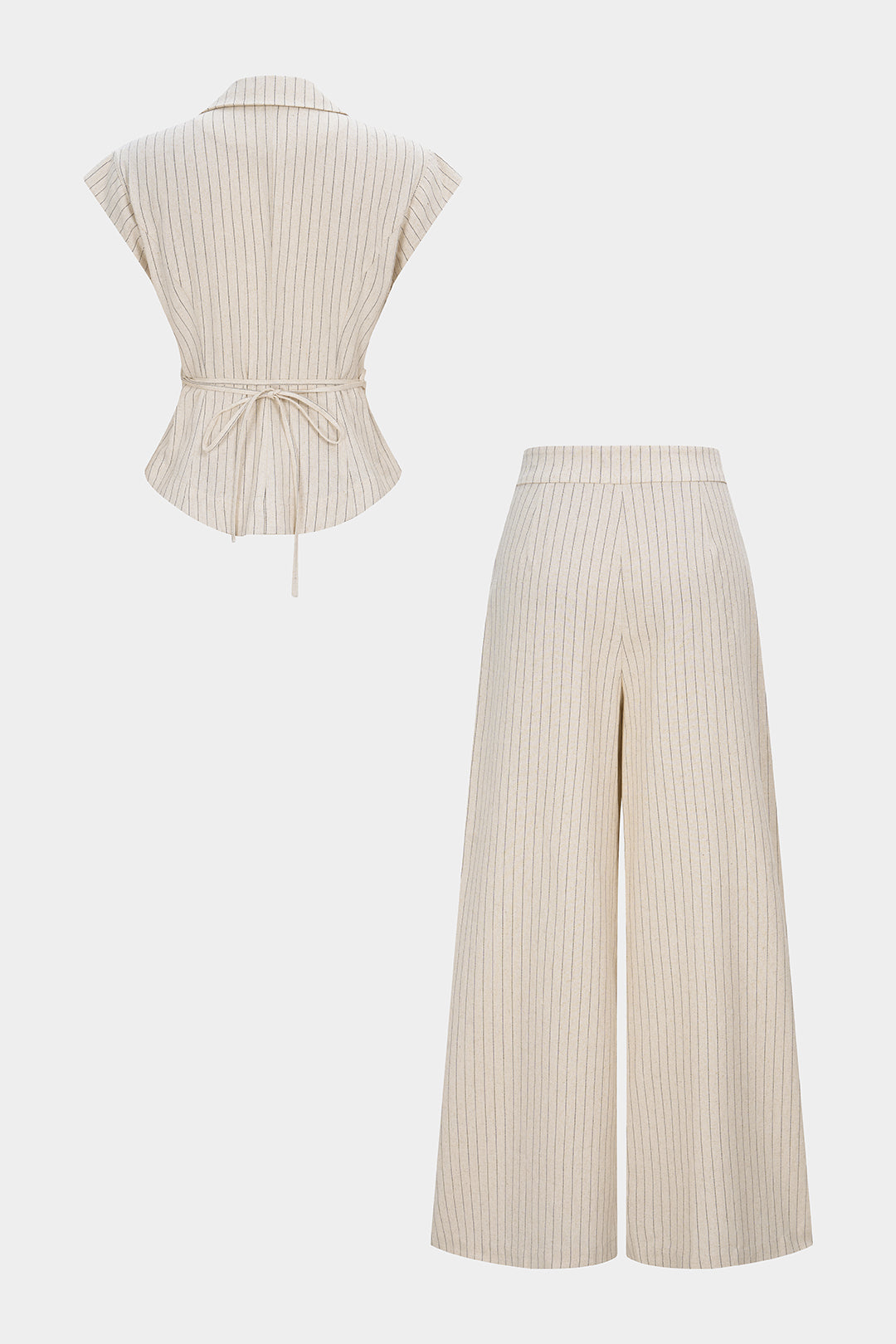 Stripes Print Linen Notched Lapel Tie Back Blazer And Wide Leg Pants Set