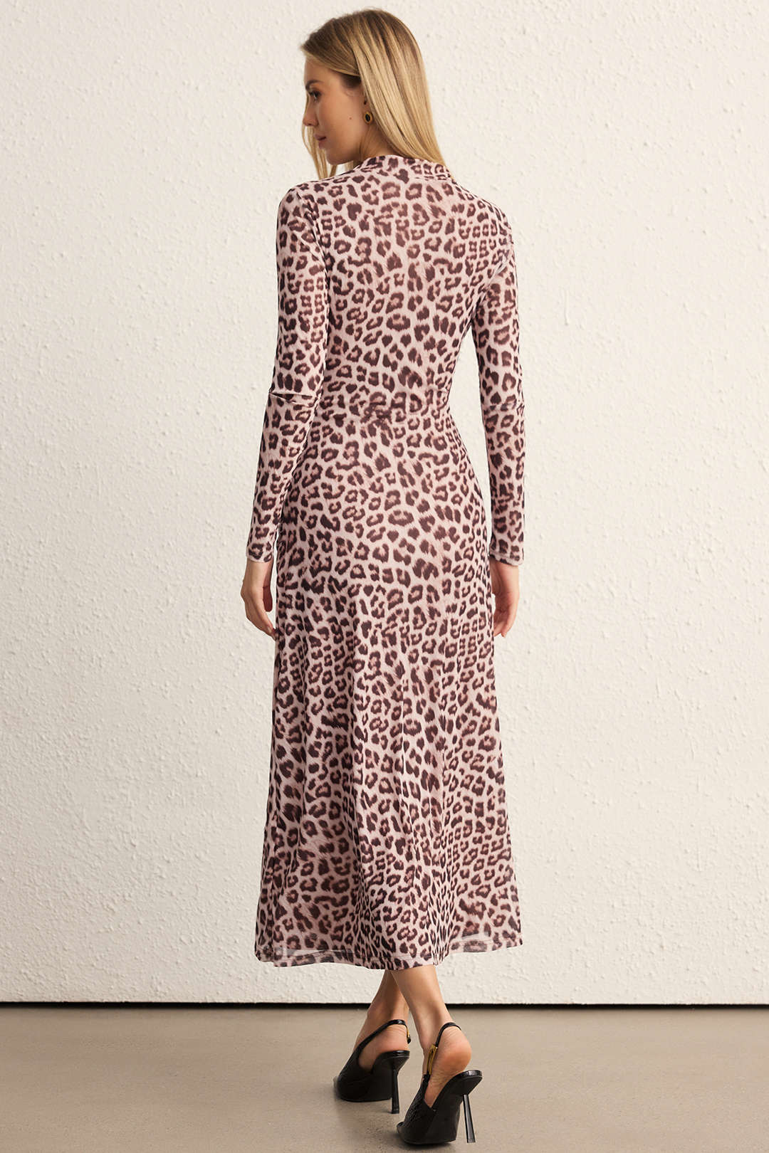 Leopard Print Mesh Ruched Slit Long Sleeve Midi Dress
