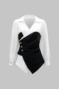 Metallic Decor Contrast Pleated V-Neck Long-Sleeve Shirt