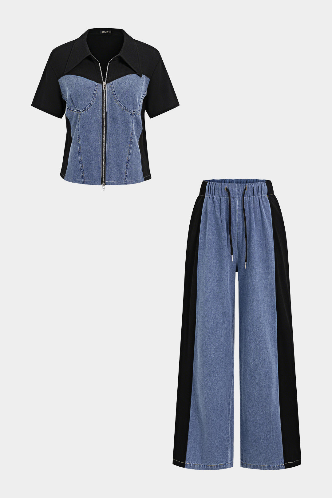 Denim Patchwork Lapel Short Sleeve Top And High Waist Wide Leg Jeans Set