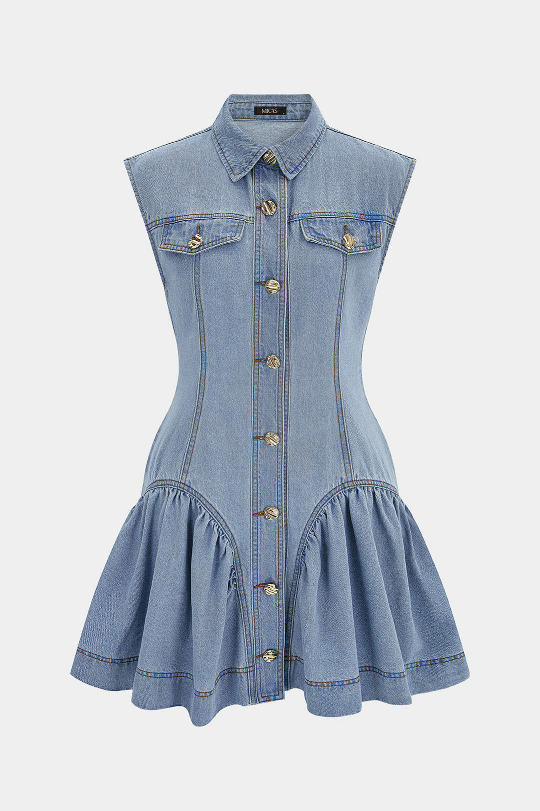 Denim Lapel Button Ruffle Sleeveless Dress