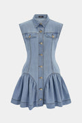 Denim Lapel Button Ruffle Sleeveless Dress