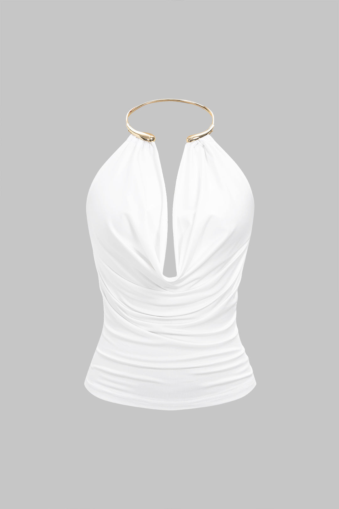 Draped Cowl Halter Neck Metallic Backless Tank Top