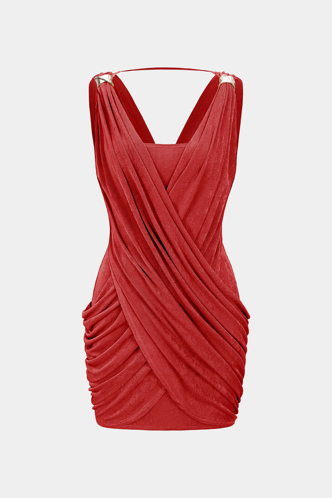 Crossed V-Neck Ruched Metallic Decor Sleeveless Mini Dress