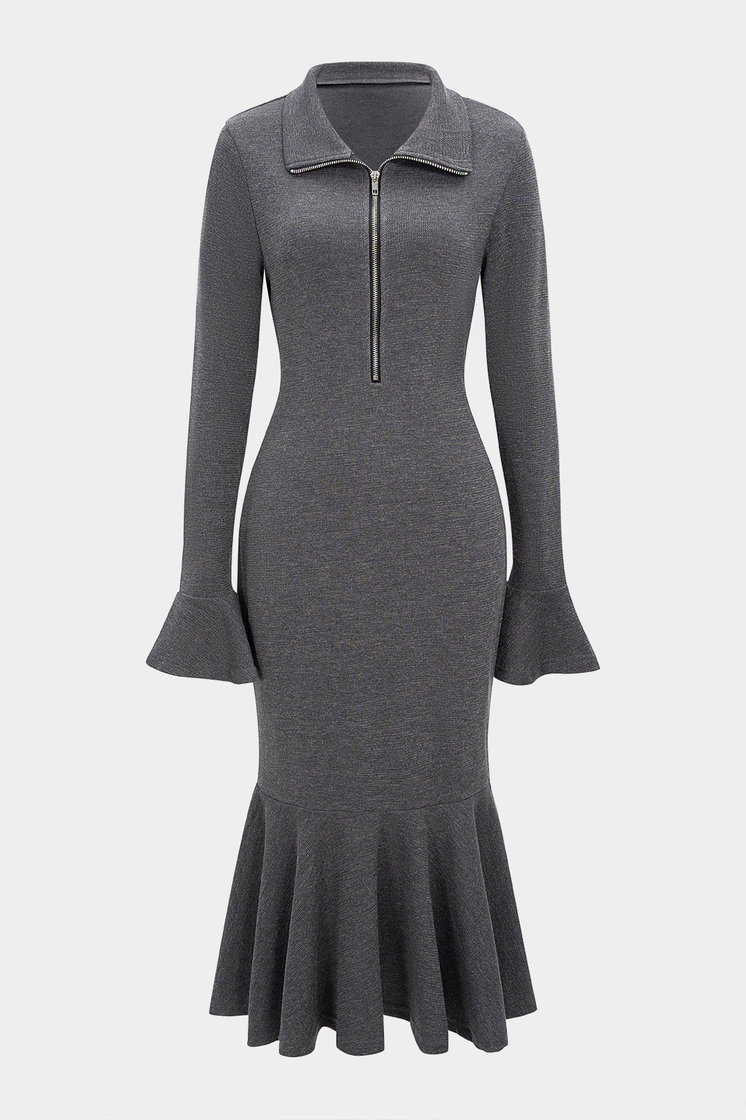 Lapel Ruffle Hem Zipper Bell Sleeve Midi Dress