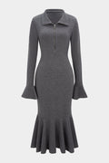 Lapel Ruffle Hem Zipper Bell Sleeve Midi Dress
