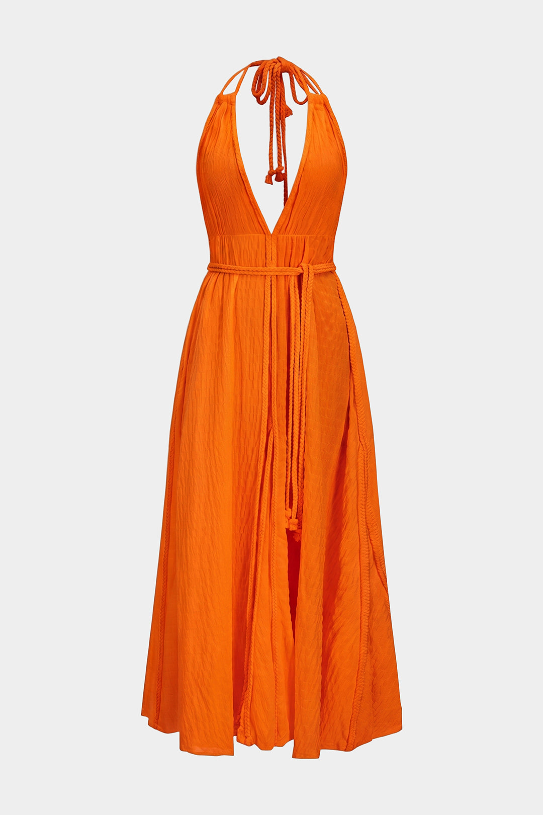 Halter V-Neck Belted Backless Sleeveless Maxi Dress