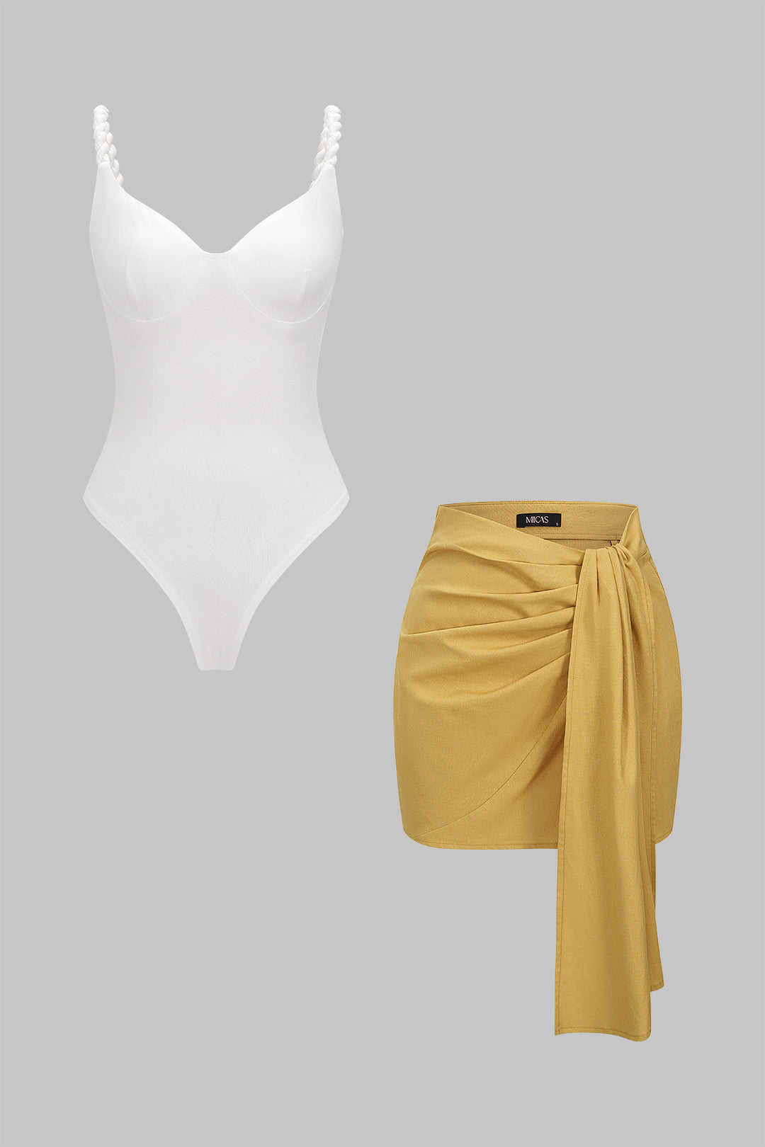 Linen Patchwork Twist Knot Ruched Sleeveless Bodysuit And Asymmetrical Tie-Up Skirt Set