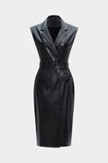 Faux Leather Button Belted Sleeveless Midi Dress